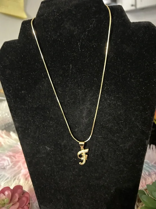 Fashion Jewelry Gold Script 'F' Pendant Necklace with Sparkle - Picture 3 of 3